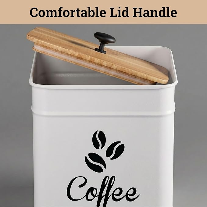 Airtight Coffee Canister 40 oz, 6"x 8" Metal Jar w/ Rubber-Lined Bamboo Lid | 40oz Large Iron, Airtight Coffee Container, Bamboo Lid, Stylish Countertop Container for Coffee Grounds, Beans, Pods & More