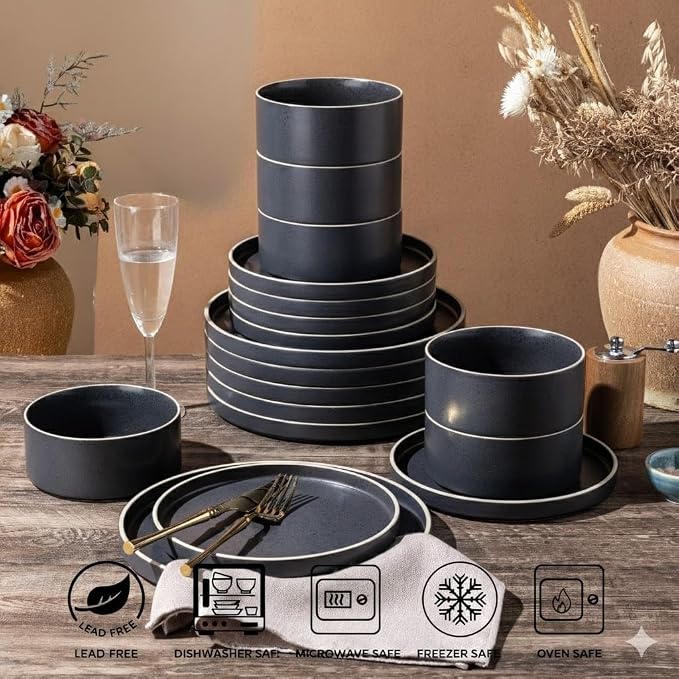 LERATIO Stoneware Dinnerware Sets for 6,18-Piece Matte Plates and Bowls Set | Handmade High Edge Rim ceramic Dish Set,Oven & Microwave,Dishwasher Safe,Scratch Resistant-Speckeld Black