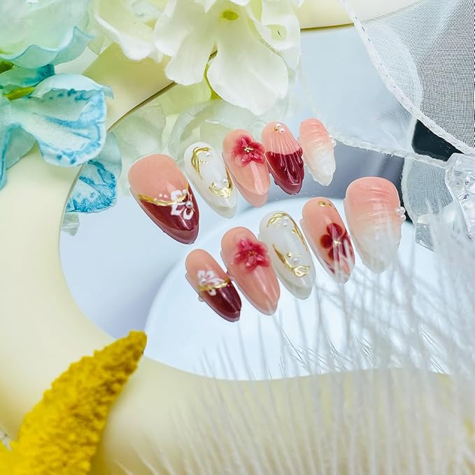 30Pcs Cute Flower Press On Nails Short Almond Fake Nails with 3D Shell Floral & Pearl Design Red French Tip False Nails Gold Chrome Full Cover Pink Glossy Acrylic Nails Summer Stick on Nails for Women