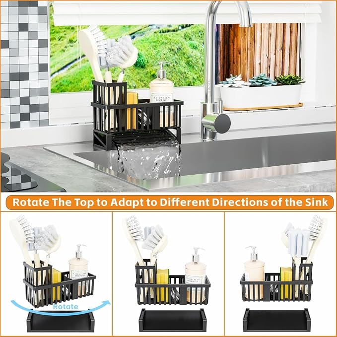 Rustproof Sink Caddy & Kitchen Sink Organizer,Plastic Dish Sponge Holder with High Scrub Brush Holder,Sponge Rack for Kitchen Sink,Multifunctional Sponge Drain Rack,Dish Soap Caddy & Dispenser