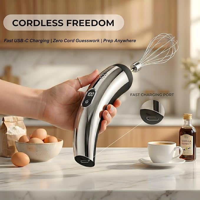 Mini Cordless Hand Mixer, 5-Speed Electric Whisk with Digital Display, USB-C Rechargeable & Silent, Portable for Drinks, Breakfast & Baking(Black)