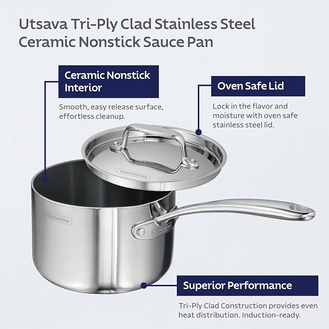 Tramontina Utsava Tri-Ply Clad Stainless Steel 2.2-Quart Sauce Pan with Lid | Ceramic Non Stick Interior, Induction-Ready Small Saucepan