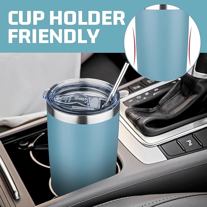 20 oz Tumbler with Lids and Straws, Stainless Steel Insulated Travel Coffee Mug, Double Wall Vacuum Insulated Tumblers, Powder Coated Coffee Tumbler for Cold & Hot Drinks (Azure Blue)