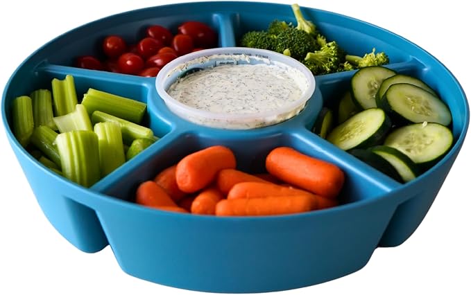 TEGRIWARE Divided Serving Tray with Lid, Fruit Tray, Veggie Tray, Snack Tray, Party Platter for Food Storage & Serving, Made in USA (Arctic Blueberry/Clear Lid)