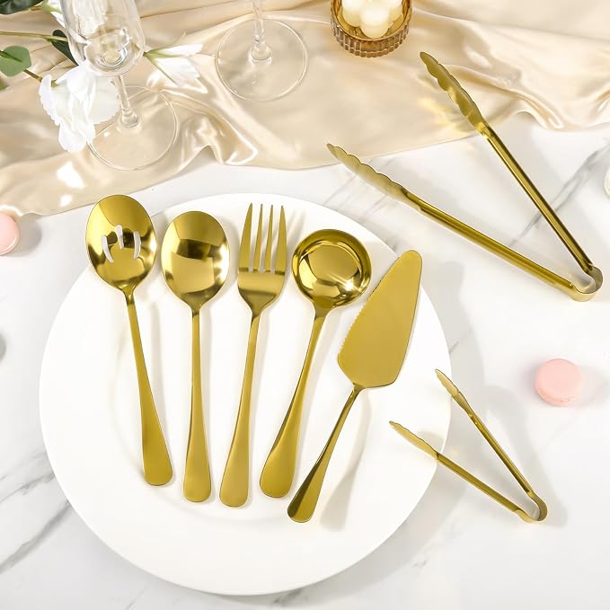 Artcochan 12 PCS Gold Serving Utensils, Stainless Steel Flatware Set Includes Large Serving Spoons, Slotted Spoons, Ladle, Forks, Tongs, Appetizers Tongs and Cake Server for Buffet Party Catering