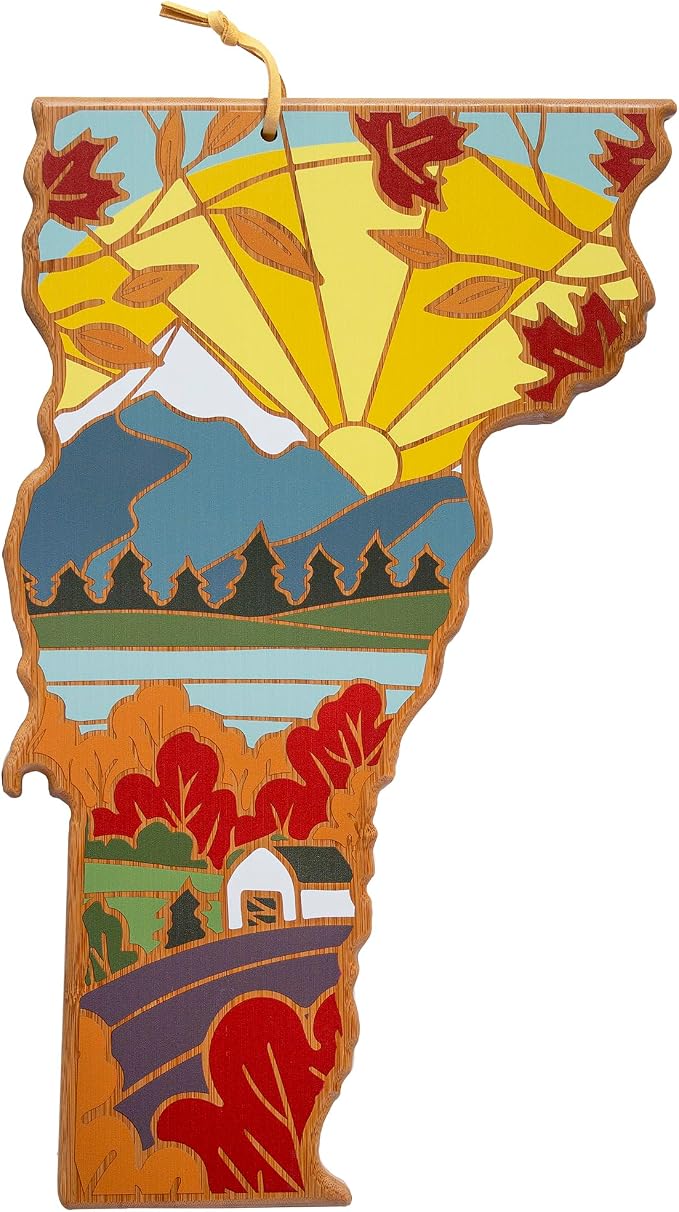 Totally Bamboo Vermont State Shaped Cutting Board, Summer Stokes Art | State charcuterie board with colorful hand-drawn landscape art. Smooth reverse side for food prep. Hang tie for wall display.