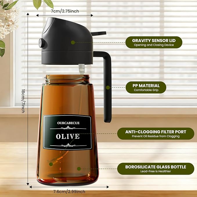 Olive Oil Sprayer & Dispenser Bottle for Cooking 16oz Dark Glass Oil Mister | 2-in-1 Oil Sprayer & Pourer, Fine mist, Light-Blocking, Wide Mouth for Easy Refill & Clean, 8 Oil Labels, Reusable