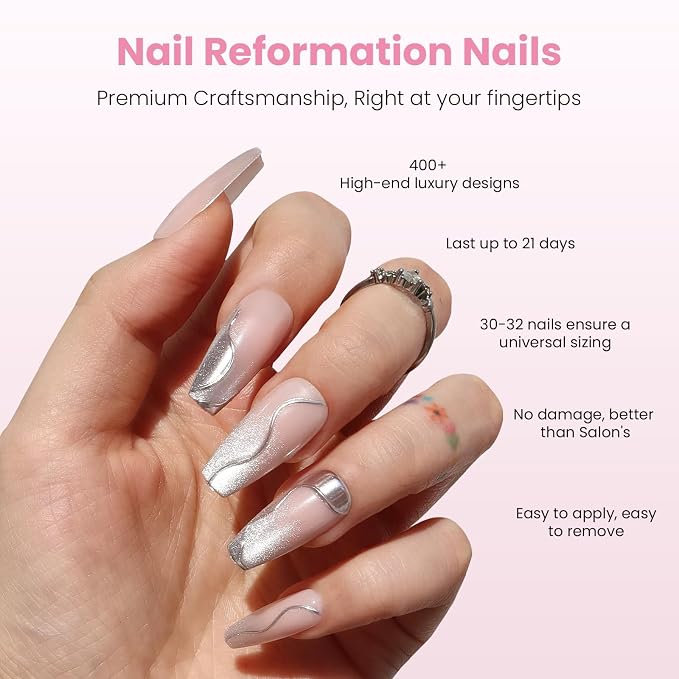 Nail Reformation Press On Nails, Shooting Star Pink Long Coffin Fake Nails | with 3D Metallic in a Glitter Finish, Reusable Stick On Nails in 15 Sizes - 30 False Nail Kit with Glue, Gifts for Women