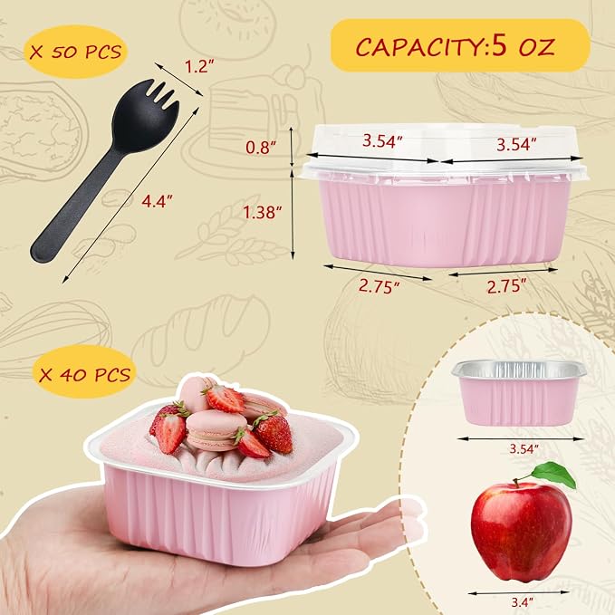 LNYZQUS 5oz Mini Cake Pans with Lids and Spoons, Disposable Brownie Tins | 40 Pack, Aluminum Foil, Square Cupcake Baking Cups, Individual Dessert Containers for Kids Party, Pink