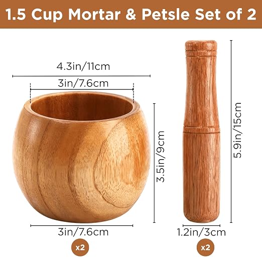 2 Pack Wooden Mortar and Pestle Set, 1.5 Cup Solid Jujube Wood Garlic Grinder Bowls, Herb & Spice Crusher for Guacamole, Pepper, Nuts, Salsa, Kitchen Manual Grinding Tool