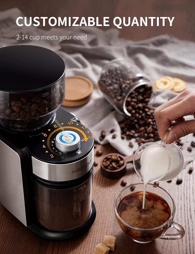 SHARDOR Electric Burr Coffee Grinder, One-Touch Automatic Coffee Bean Grinder for Espresso & French Press, Large 14-Cup Flat Burr Grinder for Home Use