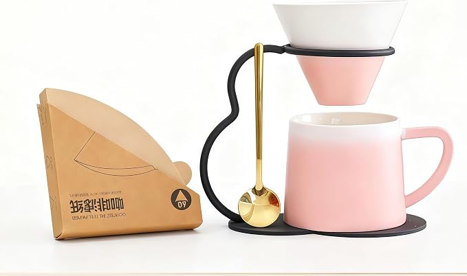 Pour Over Coffee Maker set,Ceramic Coffee Maker With V60 40 pcs Paper Filter，Metal Stand 9oz 270ml mug Pour Over Coffee Dripper Pink