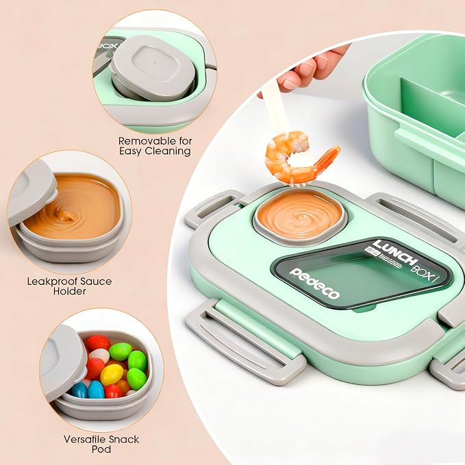 Green Lunch Box Set with Bag & Utensil, Leak Proof for Women Men Kid | 2-tier stackable container with sauce pod,Insulated bag keeps food hot or cold,Microwave & dishwasher safe,for women men