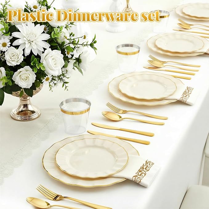 Glowserve 175 Piece Disposable Plastic Plates Dinnerware Set for 25 Guests | 50 Plastic Plates,25 Silverware Set,25 Cups and Napkins,Wedding Birthday,Family Party,Fancy Plastic Plates