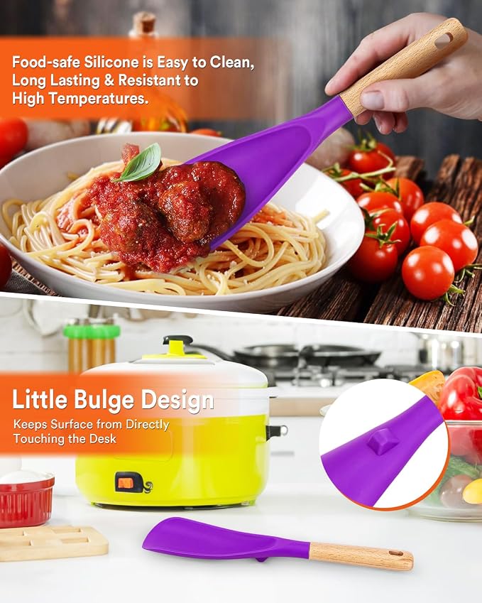 Cooking Spoon and Rice Scooper for Nonstick Cookware,Multi-function | Great for Cooking and Serving, Sturdy BPA-Free Matte Silicone, Wood Handle Spoon for Mixing, Scoop, and Scrape,9.3"+14.3"