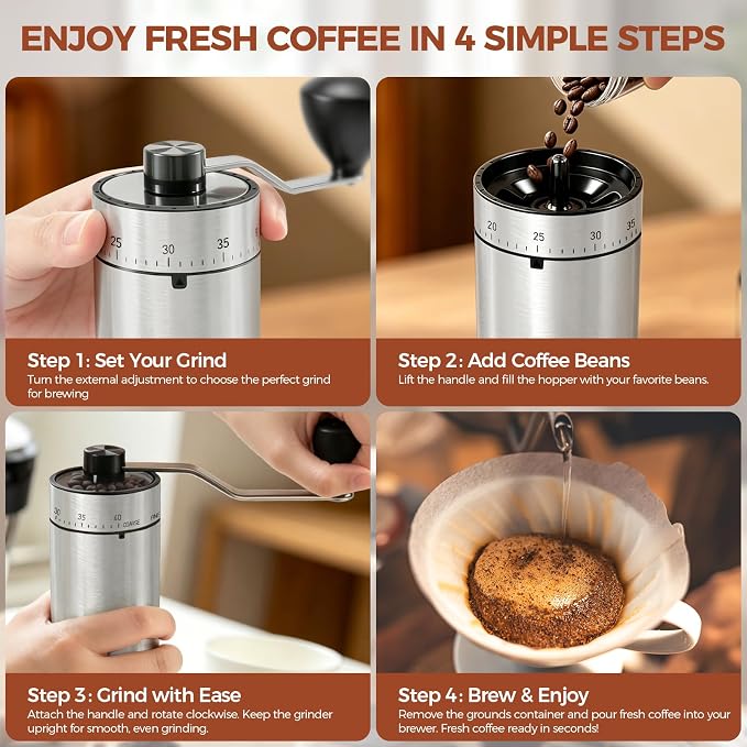 YQE Mini Manual Coffee Grinder with 40 External Grind Settings, Ceramic Conical Burr Hand Coffee Grinder, Portable Coffee Bean Mill for Espresso, Pour Over, French Press, Camping, Travel
