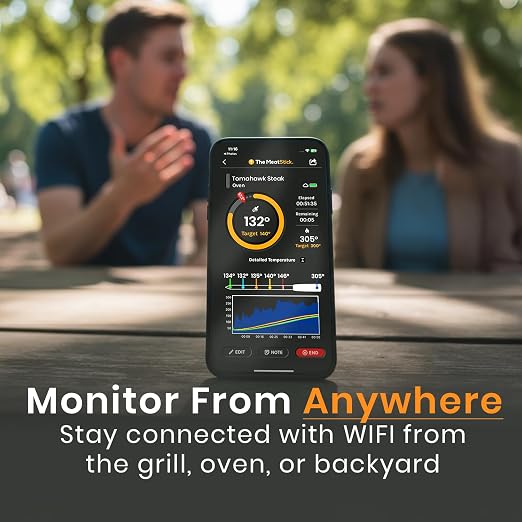 MeatStick V Prime WiFi Wireless Meat Thermometer, 1200°F 6-Sensor Probe | 50+ hr battery, dishwasher-safe probe, 900 ft+ Bluetooth range. For Grill, Smoker, Oven, Air Fryer, Sous Vide, BBQ