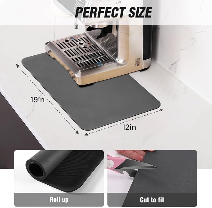 DK177 Coffee Mat - Dish Drying Mat for Kitchen Counter, Hide Stain, Absorbent with Waterproof Rubber Backing, Fit Kitchen Dish Rack Bar Accessories (Dark Gray, 31.5" x 17")