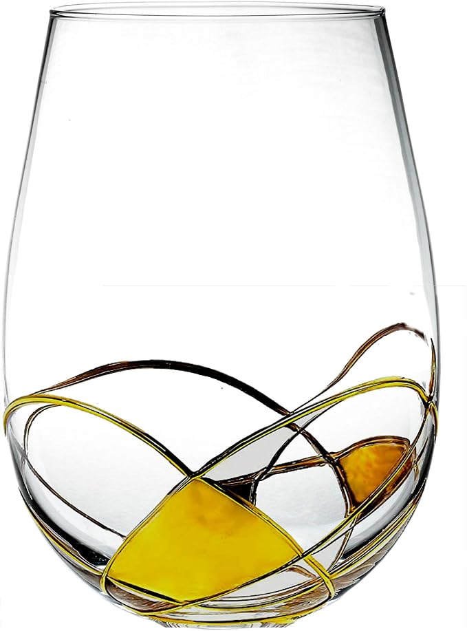 Bezrat Stemless Wine Glasses Set of Two | Hand Painted Large Premium Red and White Wine glasses | Lead-Free Crystal | Essential Wine Gift | 18 Ounces (Gold)