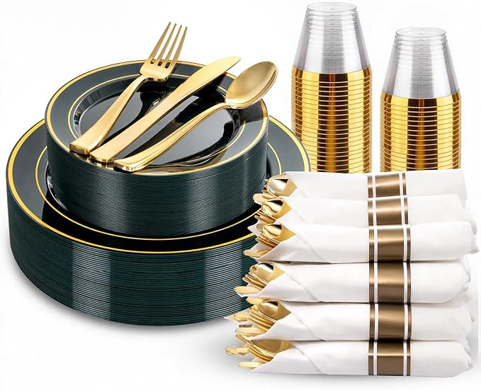 175PCS Green Plastic Plates - Green and Gold Disposable Plates 25Guests Plastic Plates with Rolled Napkins for Birthday/Party/Wedding