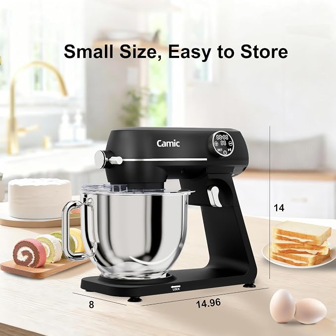 8.45 QT All Metal Stand Mixer,10 Speed Large Capacity Kitchen Mixer with Digital Timer & Tilt-Head, Electric Mixer with Whisk Dough Hook Mixing Beater for Baking,Cakes,Cookie,Bread,Salad (Black)
