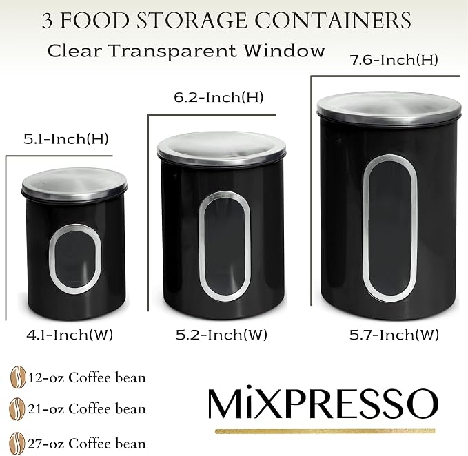 Mixpresso 3-Pcs Black Canisters Set for Kitchen Storage Airtight Jars | See-through window, coffee container, tea organizer, sugar canister, 3 nesting sizes, counter decor, easy press-on lids