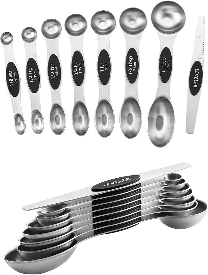 Spring Chef Stainless Steel 8 Magnetic Measuring Spoons Set, 2 Pack, Black | Dual Sided Metal Teaspoon & Tablespoon Measuring Spoons with Leveler for Dry & Liquid Ingredients, Nesting, Dishwasher Safe