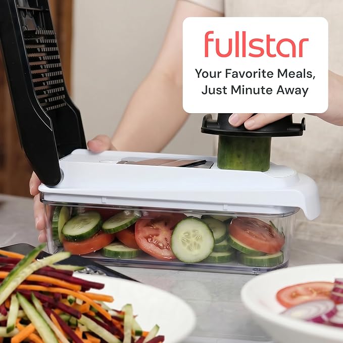 Fullstar Pro Core Vegetable Chopper & Mandoline Slicer, Meal Prep Essential | 9 in 1 Veggie Slicer, Onion & Fruit Slicer with Julienne, Grater & Dicer Stainless Steel Blades + Container (White)