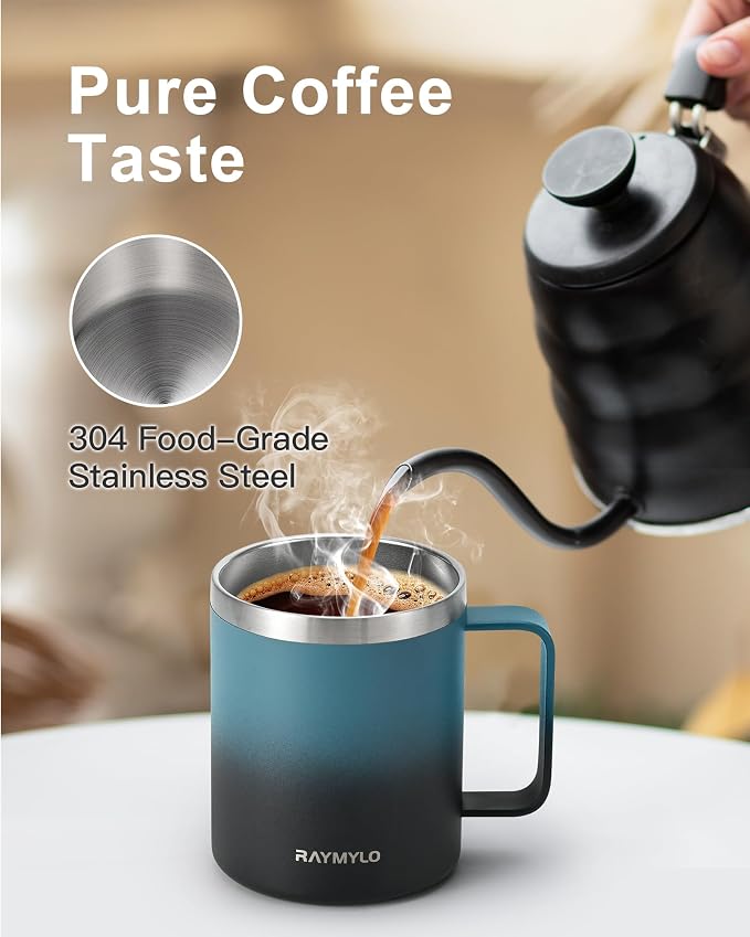 RAYMYLO Insulated Travel Coffee Mug with Handle, Coffee Tumbler Cup 12oz | Detachable Lid for Thoroughly Clean, Thermal Cup with Double-Wall Stainless Steel Vacuum Insulation, Spill Proof & BPA Free