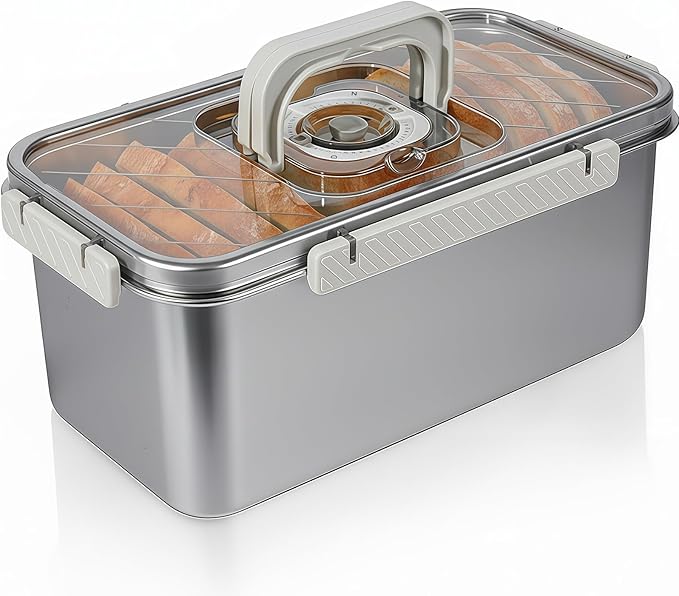 Gifhomfix Bread Box Airtight 304 Stainless Steel Bread Container, Dishwasher Safe Bread Storage for Homemade Bread, Time Recording Bread Storage Container with Lid and Handle
