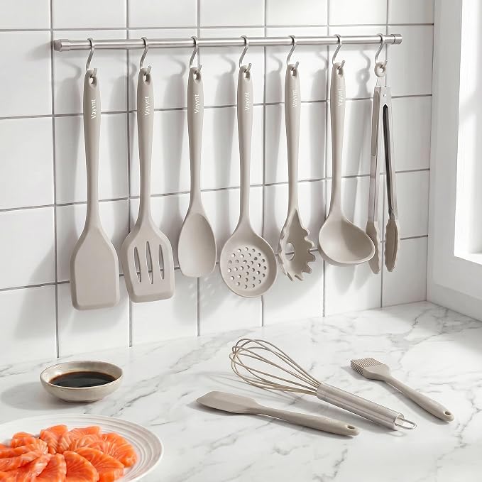 Vayvnt Silicone Kitchen Utensils Set, 10PCS Heat Resistant Utensils, Khaki | Dishwasher Safe, Non-toxic, Food Grade Silicone Cooking Utensils Set for Non Stick Cookware, Kitchen Essentials, Spatula Tong