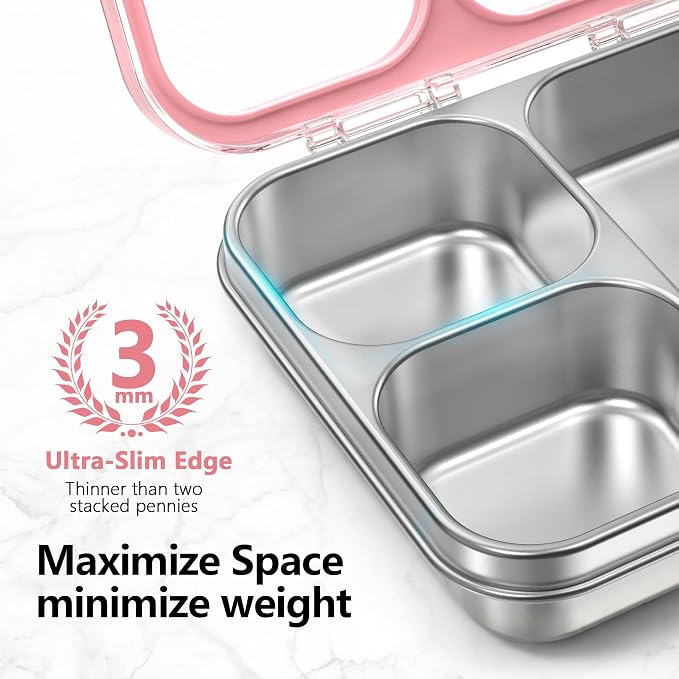 HOMEKOL Stainless Steel Bento Lunch Box 3-Compartment, 4.2Cups, Pink | Leak-Proof Metal Lunch Container for Kids & Adults, BPA-Free, Dishwasher Safe, Clear Tritan Lid, 1000ml (Not Insulated)