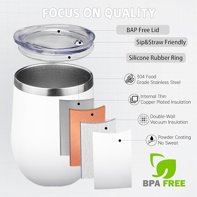 12oz/4 Pack Stainless Steel Wine Tumbler with Lid and Straw, Double Wall Vacuum Insulated Wine Tumbler Glasses, Stemless Travel Mugs for Hot and Cold Drinks, Coffee, Wine, Cocktails (White)