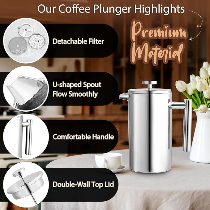 Miuly Small French Press Coffee Maker,12OZ/350ML Stainless Steel Insulated Coffee Press,Stainless Steel French Press with 2 Fliters 0.35 Liter (12oz, Sliver)