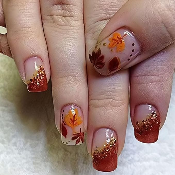 24 Pcs Fall Press on Nails Medium Square Fake Nails with Ombre Maple Leaves Glitter Designs Nails Press ons Brown Orange Acrylic Nails Autumn Stick on Nails for Women