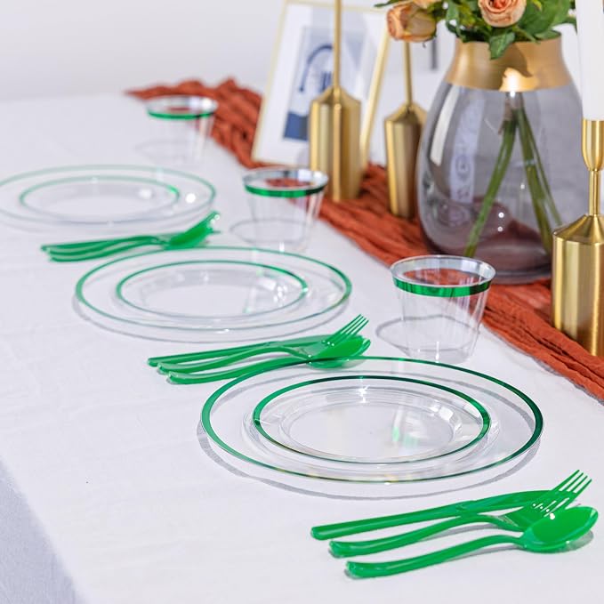 600PCS Clear Green Plastic Plates, Disposable Dinnerware Set for Party | 100 Guest, 100 Dinner & Dessert Plates, Forks, Spoons, Knives, Cups, , for Wedding, Bridal Shower, Christmas