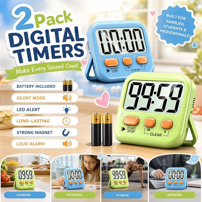 2 Pack Digital Timer for Kids Classroom Kitchen Timers for Cooking | w/ Battery, Easy to View, Alarm, Mute Mode, Count Down/Up, Magnetic, Kickstand, Hanging, Classroom Timer for Teacher Supplies