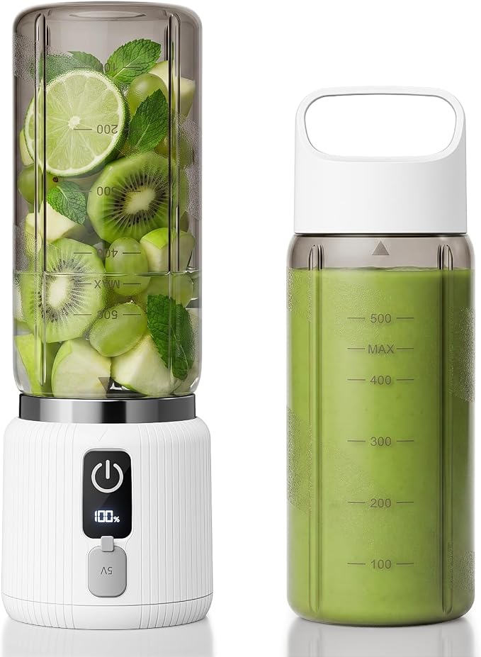 COKUNST Portable Blender, Smoothie Blender with LED Display, 17 oz, White | 8 Blades, LED Display, USB-C Charging, Blender for Smoothie, Shake and Protein, Cordless, Perfect for Home, Travel, Office
