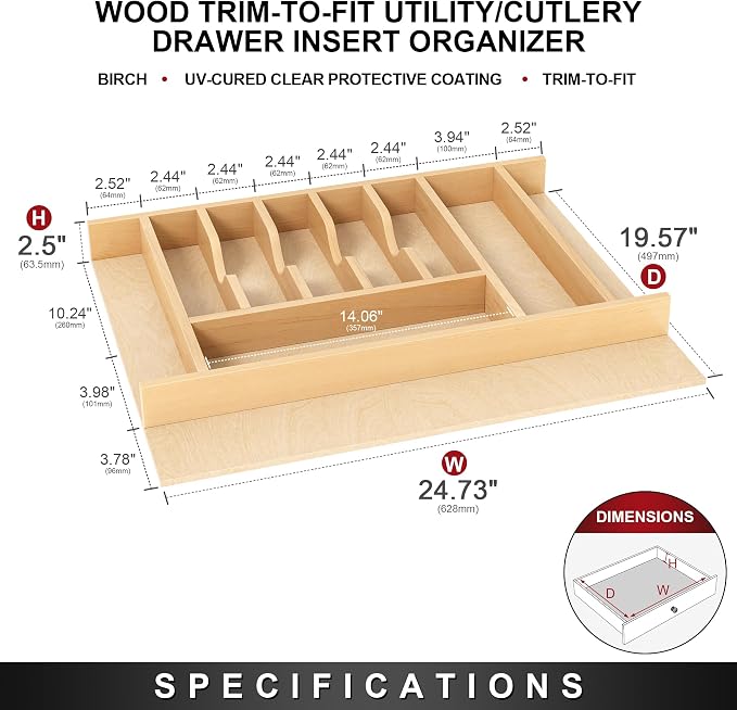Clikuutory Natural Birch Wood Utensil Drawer Insert Organizer with 10 Compartments, Space-Saving Sturdy Drop-In Cutlery Divider Tray, Kitchen Cabinet Storage for Silverware, Spoons, Forks and Knives