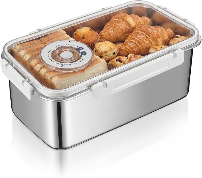 Large Stainless Steel Bread Storage Box with Lid | Large Capacity, Airtight Fresh-Keeping See-through Lid, Time Recording, Perfect for Homemade Loaf, Toast, Bagel and Cookies