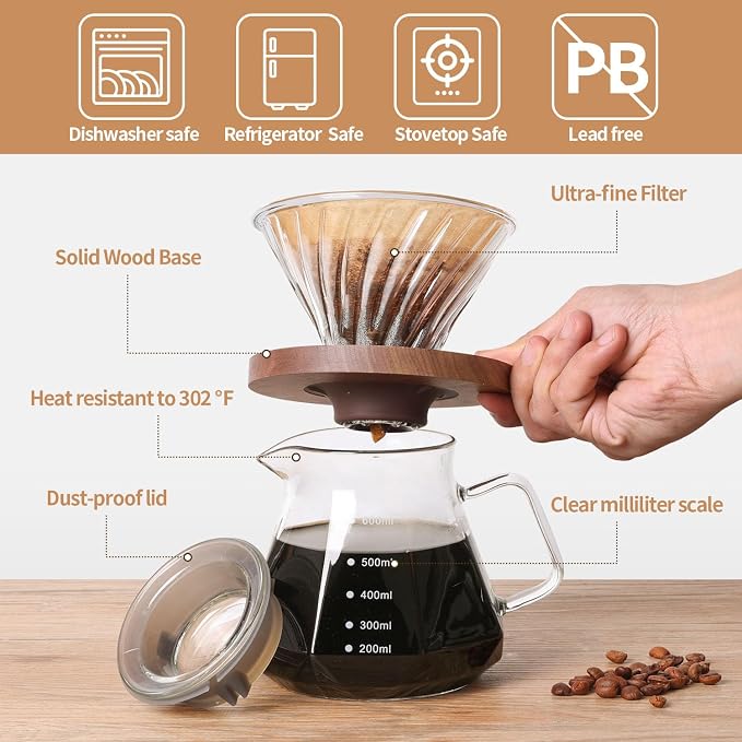 Pour Over Coffee Maker 20 OZ, 6 Cup Borosilicate Glass Drip Coffee Maker with 40 pcs V60 Paper Filter and Walnut Grip for Home Café 600 ML
