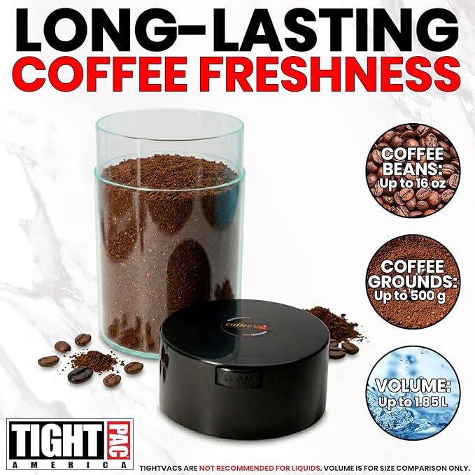 COFFEEVAC 1 LB Airtight Coffee Bean Storage Container, Patented Vacuum Seal, Coffee Grounds Container, 1.85L, Smell Proof, Black Cap and Clear Body