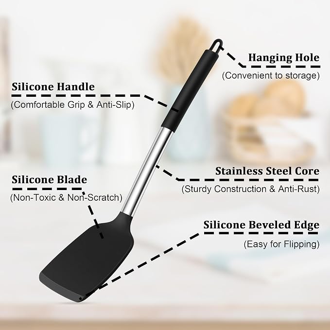 TeamFar Cooking Utensils Set, 5 PCS Silicone Kitchen Utensils, Black | Stainless Steel Handle, for Nonstick Cookware Flipping Frying Turning Draining, Heatproof & Healthy, Nonstick & Easy Clean