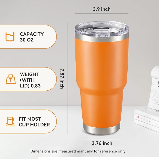 30 oz Tumbler with Lid Stainless Steel Tumblers Bulk, 8 Pack | Vacuum Insulated Cup, Leak Proof Lid, Powder Coated Travel Mug, Double Wall, Keep Cold Drinks for 12 Hours, Orange