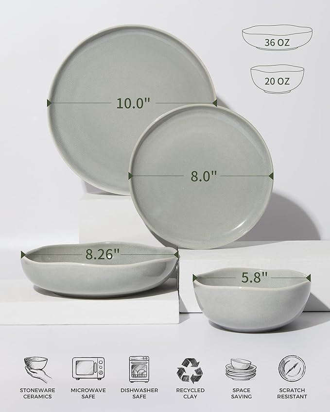 Plates and Bowls Sets, 16 Pieces Dinnerware Set for 4 with Pasta Bowls, Handmade Dishes Set, Chip Resistant Dishware Sets, Microwave Safe Dinner Set, Designed for Interactive Meals, Gray Green