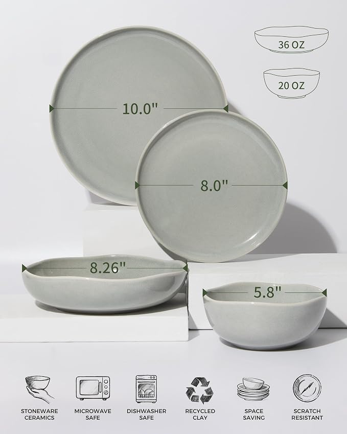32 Piece Dinnerware Set for 8 with Pasta Bowls, Gray Green Reactive Glaze Stoneware | All‑in‑One Host Set for Entertaining, Holiday Meals, Multi‑Course Dish Set | Unique Irregular Look