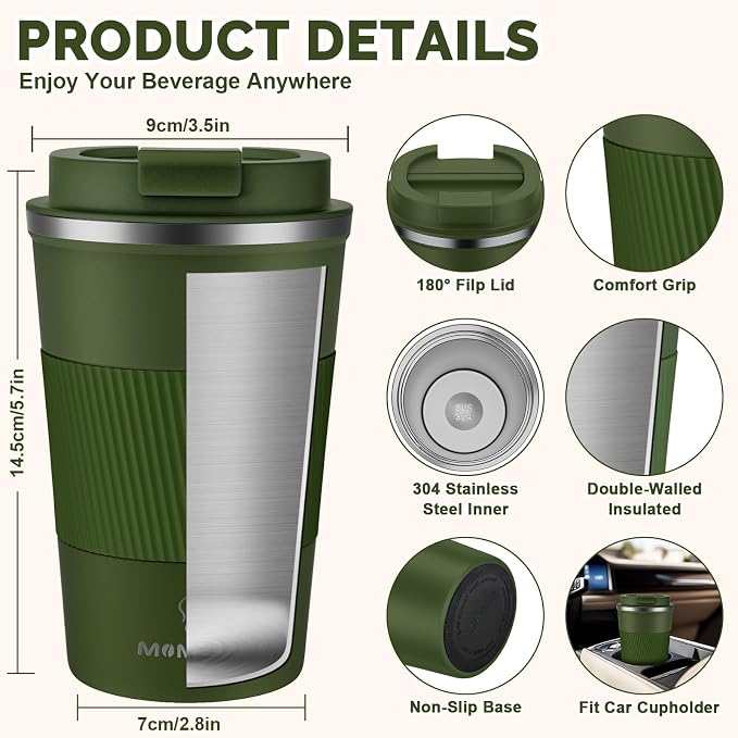 MOMSIV 12oz Travel Coffee Mug, Insulated Coffee Cup with Leak Proof Lid | 6-Hour Heat Retention, 360°Leak proof, Vacuum Stainless Steel Double Walled, BPA-free, Reusable And To Go Coffee Mug