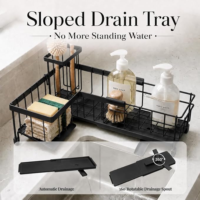 Extendable Corner Sink Sponge Holder, Quick-Drain Caddy for Kitchen Sink, Black