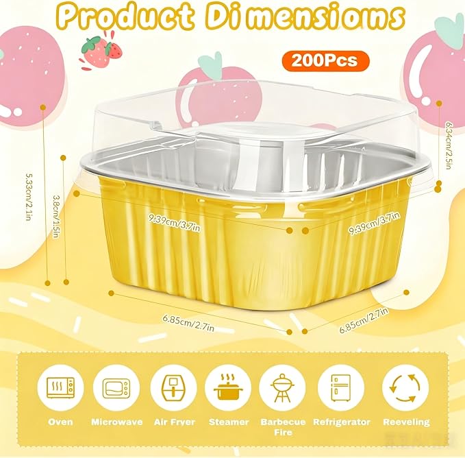 200Pack 5oz Gold Mini Cake Pans with Lids Baking Cups Aluminum Foil Pans Tins, Individual Dessert Cups Containers for Sales,Party,Picnics