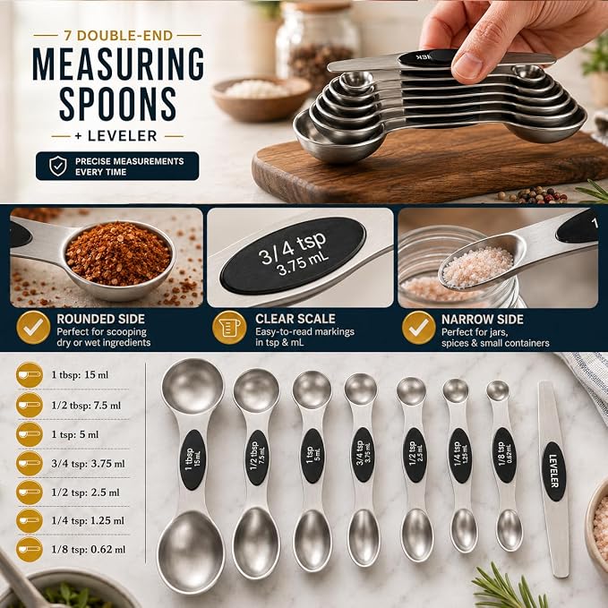 16 Pieces Measuring Cups and Magnetic Measuring Spoons Set Stainless Steel,8 Measure Cups with Silicone Handle and 7 Double Sided Magnetic Measure Spoons & 1 Leveler